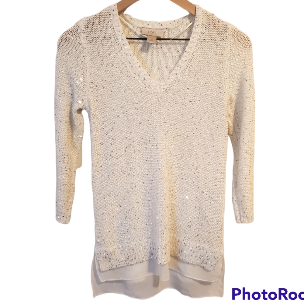 Loft white long sleeves V-neck sweater with  Silver Sequin Swea